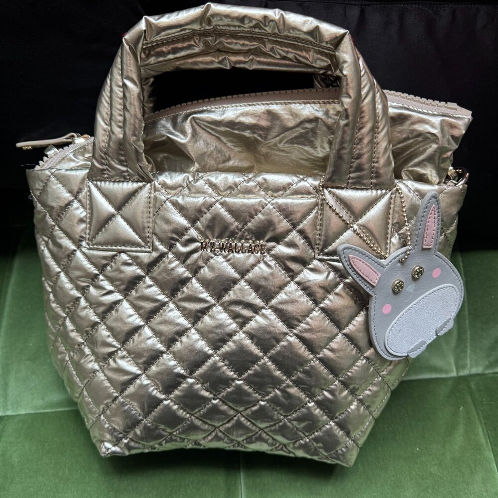 NWT MZ Wallace Mini Metro Tote Deluxe w Chain + Charm, Platinum Metallic Lacquer